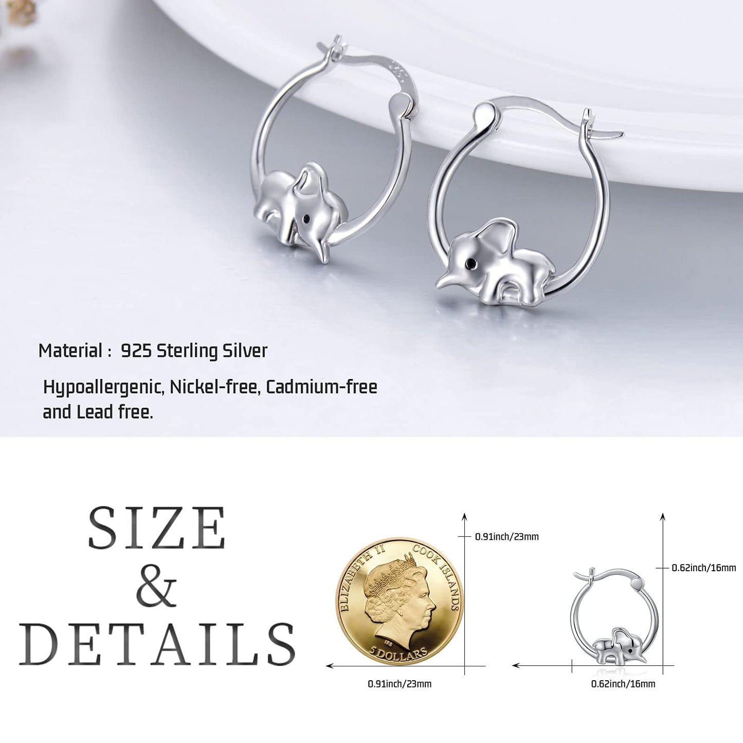 JUSTKIDSTOY Sterling Silver Elephant Huggie Hoop Earrings for Sensitive Ears - Elephant Jewelry Birthday Graduation Gifts for Women Daughter Her