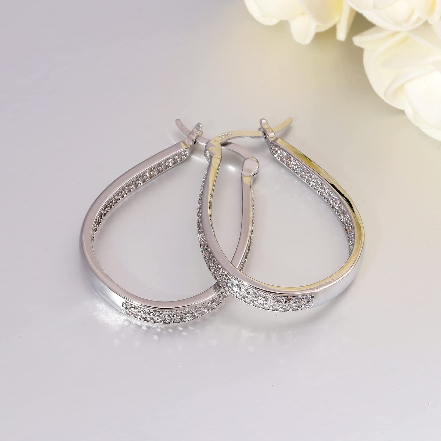 CiNily 925 Sterling Silver Post Big White Cubic Zirconia Hoop Earrings for Women Large Oval Chunky Hoop Earrings 14K White Gold Plated Gemstone Earrings