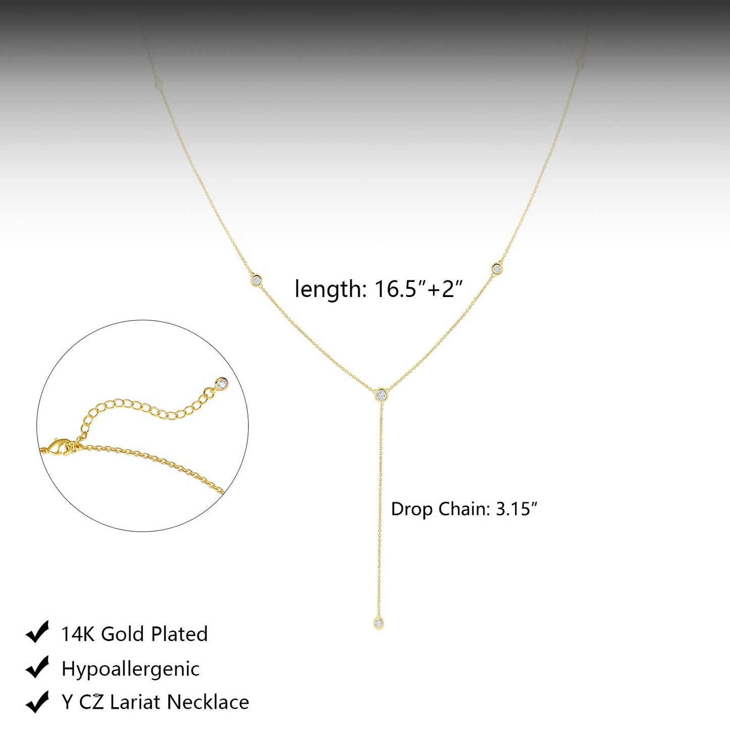HERIER Gold Necklace for Women Dainty Lariat Y Necklace 14k Gold Plated Long Cubic Zirconia Drop Choker Necklaces Gold Jewelry for Women