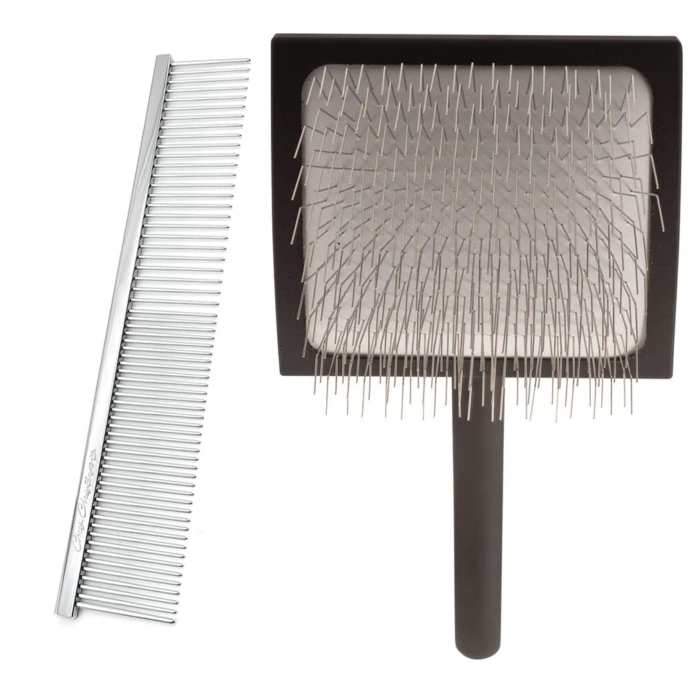 Chris Christensen Groomers Bundle - 000 7.5 in. Greyhound Style Fine/Coarse Buttercomb, Stainless Steel - Big K Slicker Dog Brush Large, Perfect for Doodles, Angled Polished Pins