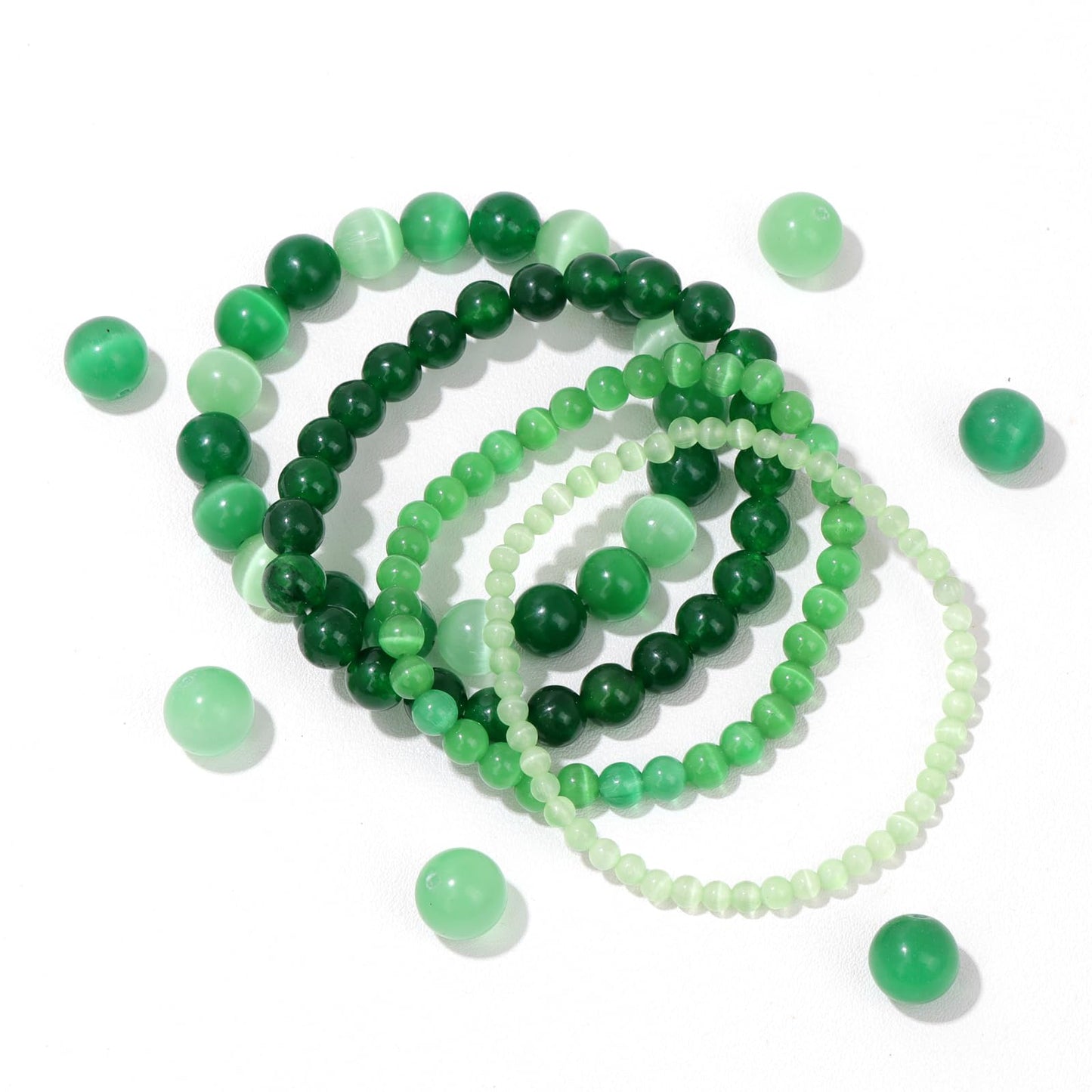 Vinswet 4pcs Natural Stone Beaded Bracelets for Women Men,Healing Crystal Gemstones Stretch Bracelet,4mm 6mm 8mm 10mm Green jade Light Dark green cat eyes Anxiety Stress Relief Bracelet Jewelry Gifts