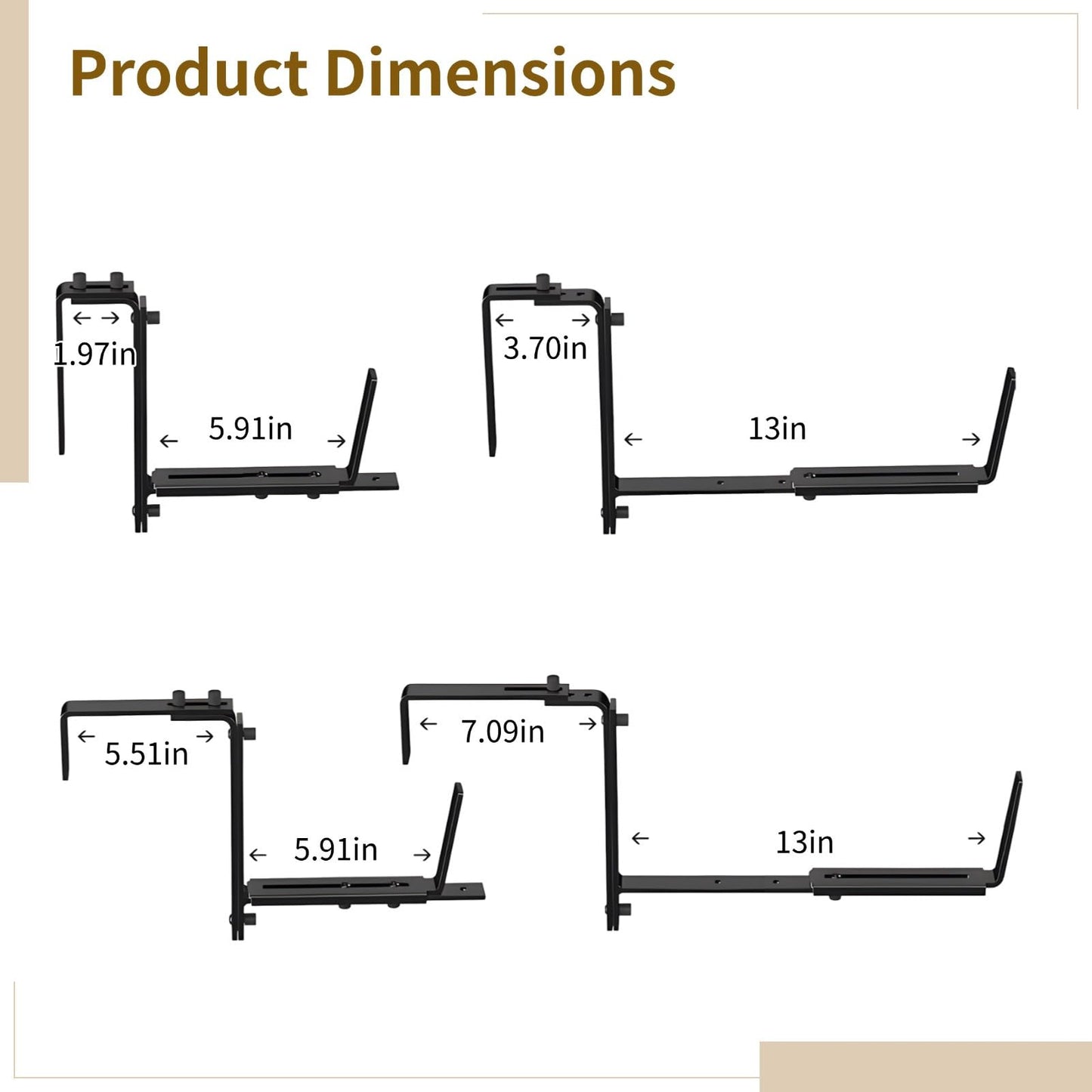 4 Pack Adjustable Planter Brackets, Deck Rail Flower Box Holders, Resilient Iron with Rust-Resistant Black Finish, Fast Installation, Fits 2-7 in Wide Railings, 5.9-12.6 in Plant Pots