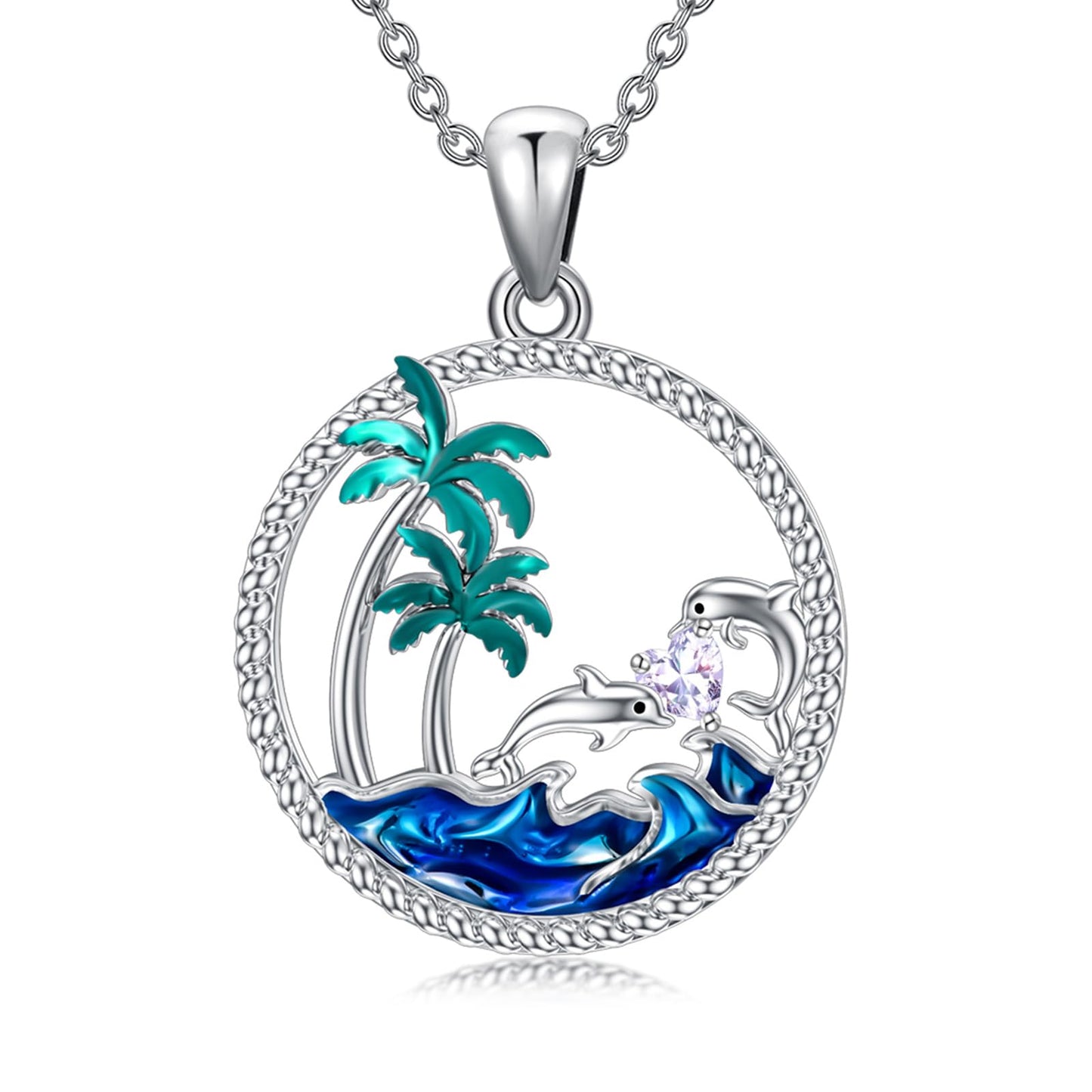 PROESS Dolphin Necklace Sterling Silver June Birthstone Necklace Palm Tree Beach Jewelry Ocean Animal Gifts for Women
