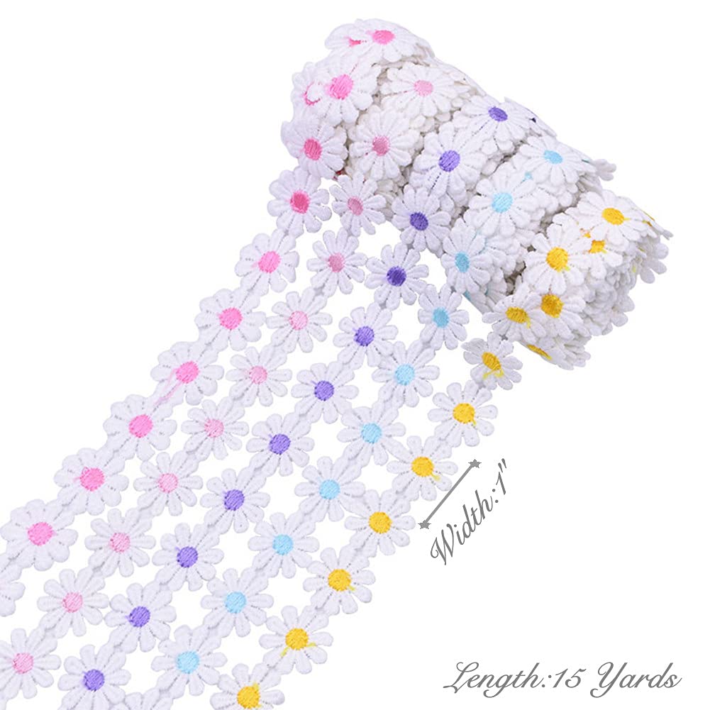 15 Yards 1inch Daisy Lace Trim Flower Applique Lace Ribbon for Gift Wrapping DIY Sewing Craft Wedding Dress Hair Accessories Jewelry Making Dreamcatchers Tassel Embellishment Decorations(Red)