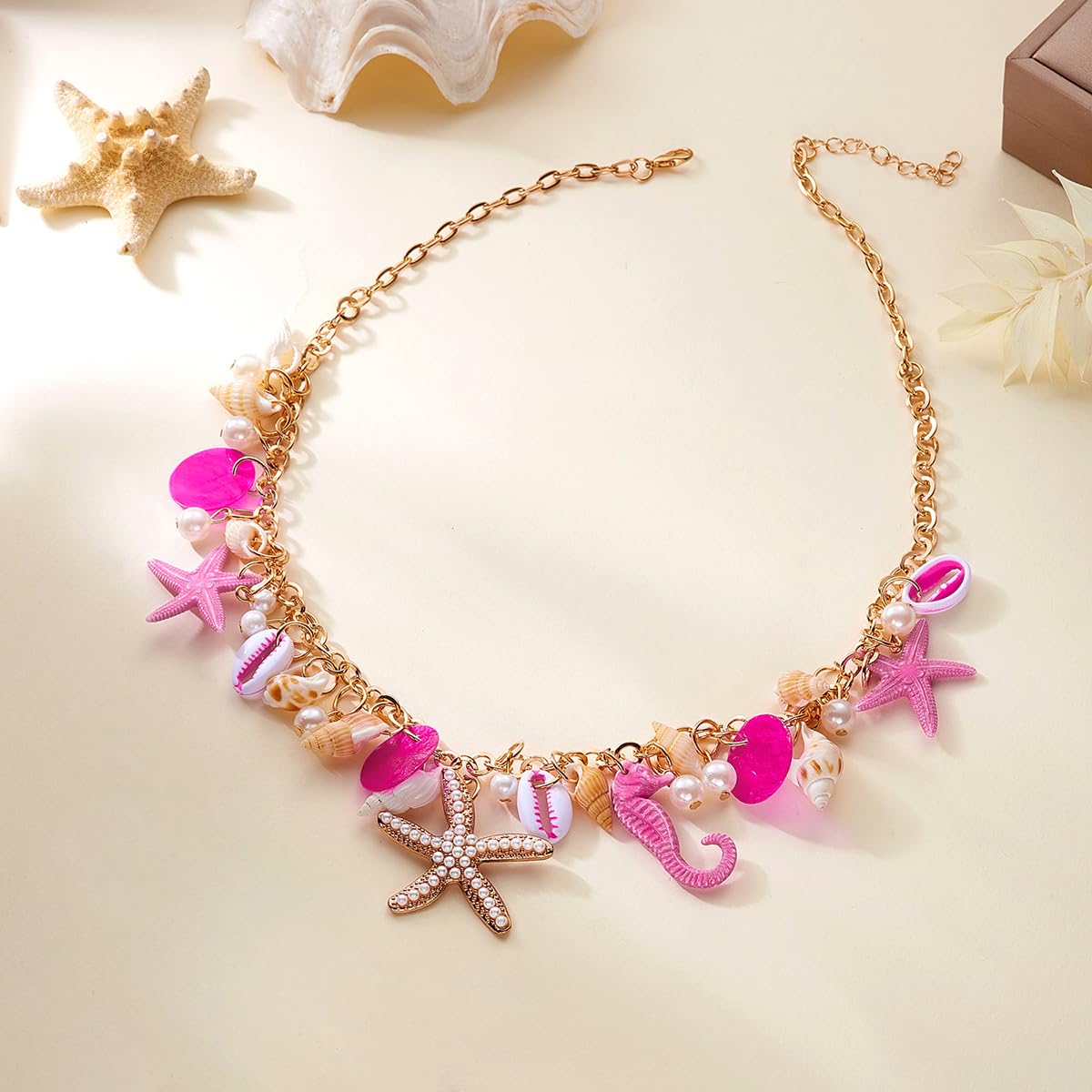 MIFYNN Starfish Shell Pendant Necklace for Women Conch Seahorse Charm Necklace Boho Beach Accessories Summer Tropical Ocean Jewelr Dainty Coastal Jewelry for Women Summer Birthday Gift (Pink)