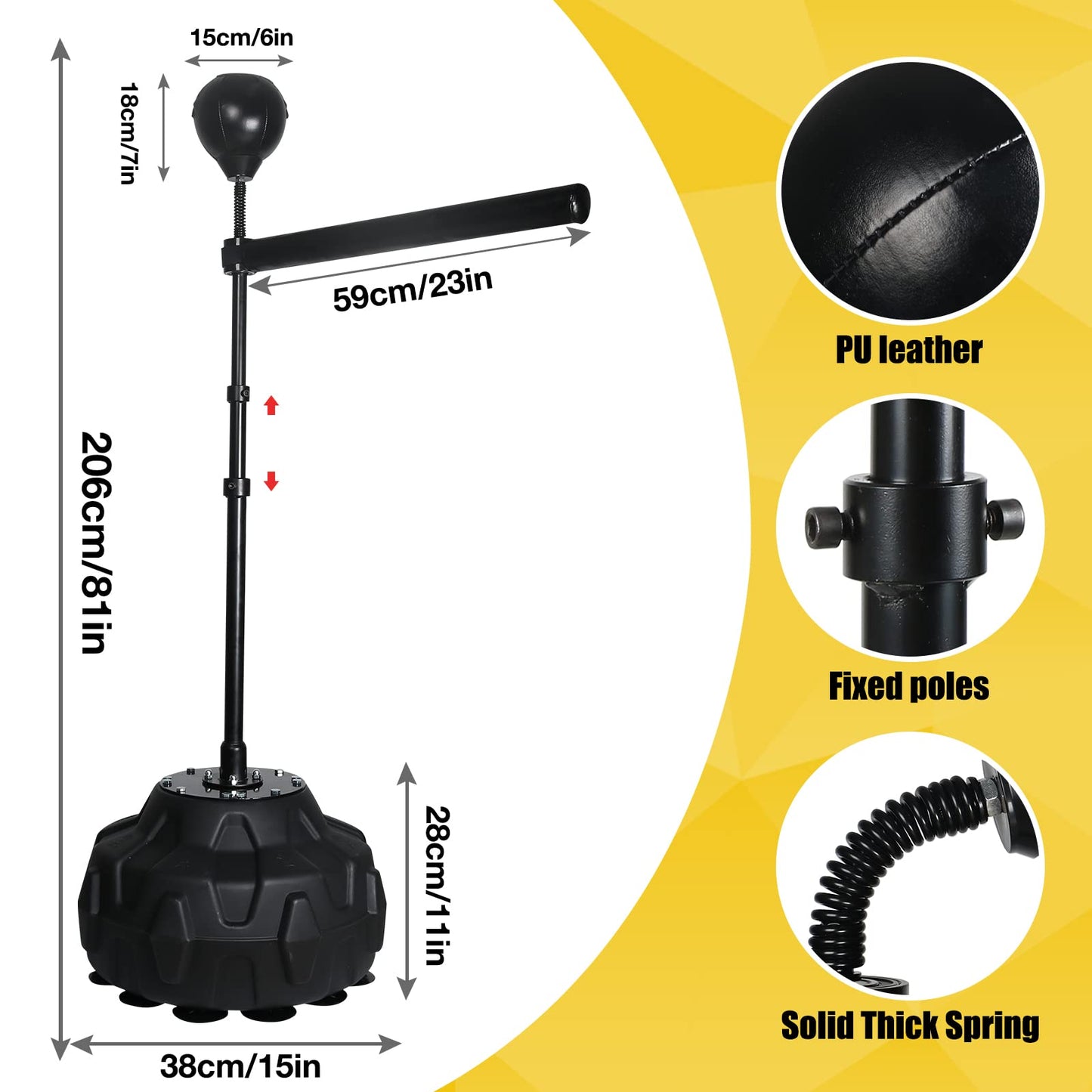 Solid Reflex Bag Boxing Speed Trainer Punching Bag Spinning Bar, Training Boxing Ball with Reflex Bar Free Standing, 45-80in Adjustable Height, for Adult