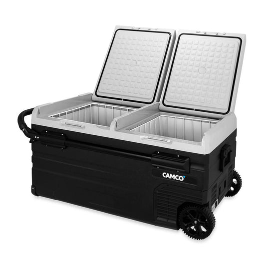 Camco 51522 CAM-950 Portable Refrigerator, AC 110V/DC 12V Compact Fridge/Freezer with Dual Zone Cooling, 95-Liter - Keeps Food and Drinks Cold While On-the-Go - Ideal for Road Trips, RVing, Camping
