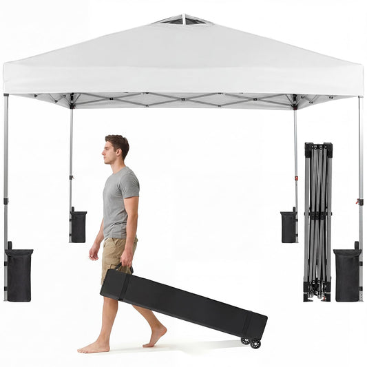 OLIXIS 10x10ft 1-Person Pop Up Canopy Tent, Heavy Duty One Push Setup Portable Outdoor Shelter for Beach Events Camping with Rolling Carry Bag, Snow White