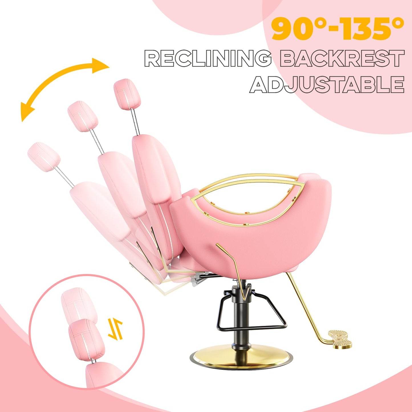BouPower Barber Salon Chair, Height Adjustable Hydraulic Hair Reclining Salon Chairs, 360 Degrees Rotation, Multi-Function for Barbershop, Spa, Pink