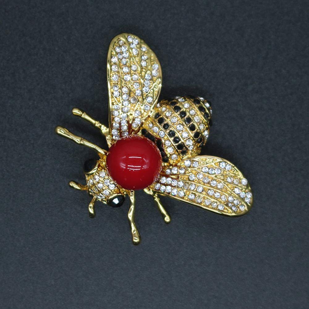 Honey Bee Brooches Crystal Insect Themed Bee Brooch Animal Fashion Shell Pearl Brooch Pin 14K Gold Plated (Red pearl)