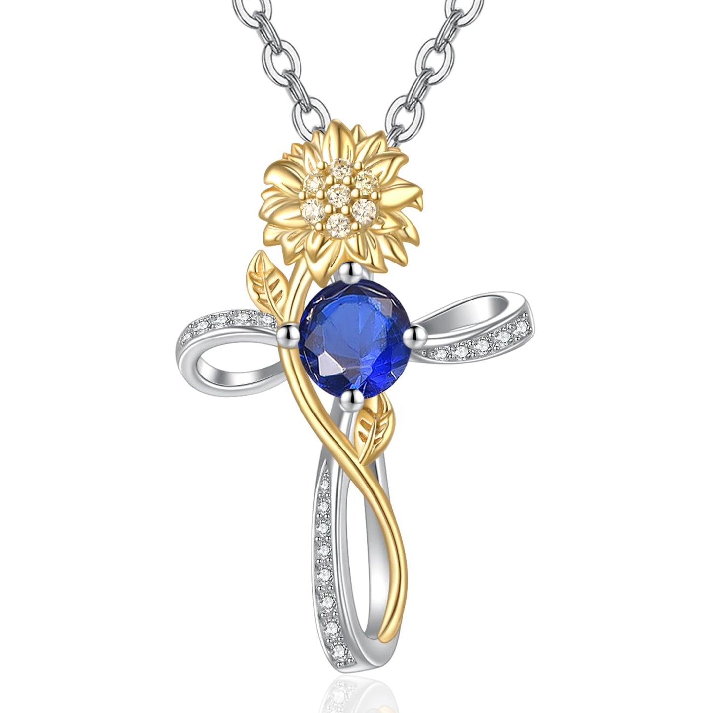 Cross Necklace for Women Sterling Silver Cross Pendant Jewelry with Sunflower Sapphire September Birthstone Necklace Christian Religious Baptism First Communion Confirmation Birthday Gifts for Women