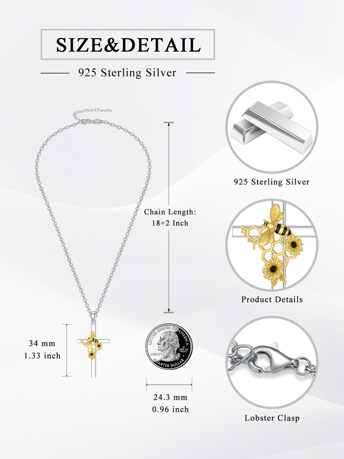 Flpruy Bumble Bee Cross Necklace 925 Sterling Silver Honeycomb Bee Jewelry Gifts for Women