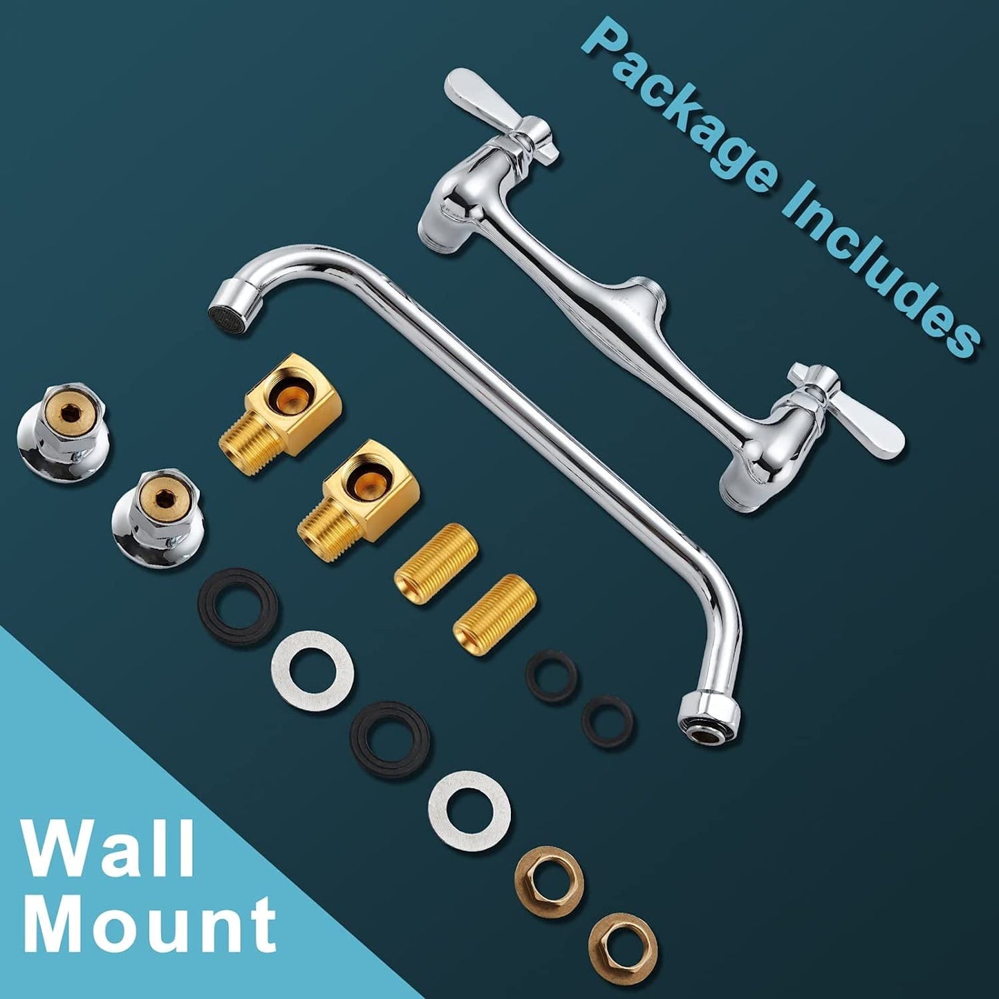 Favorpo 8 Inch Commercial Kitchen Wall Mount Faucet, 8 Inch Center Wall Mounted Restaurant Sink Faucets, 2 Handle Commercial Faucets for Laundry Utility (Polished,8")