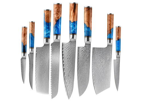 Epicurean Cook Damascus Kitchen Knife Set with VG10 Steel - 8-Piece Japanese Damascus Knife Set for Professional Performance - Ultra Sharp Chef Knives with Blue Resin Burl Wood Handles