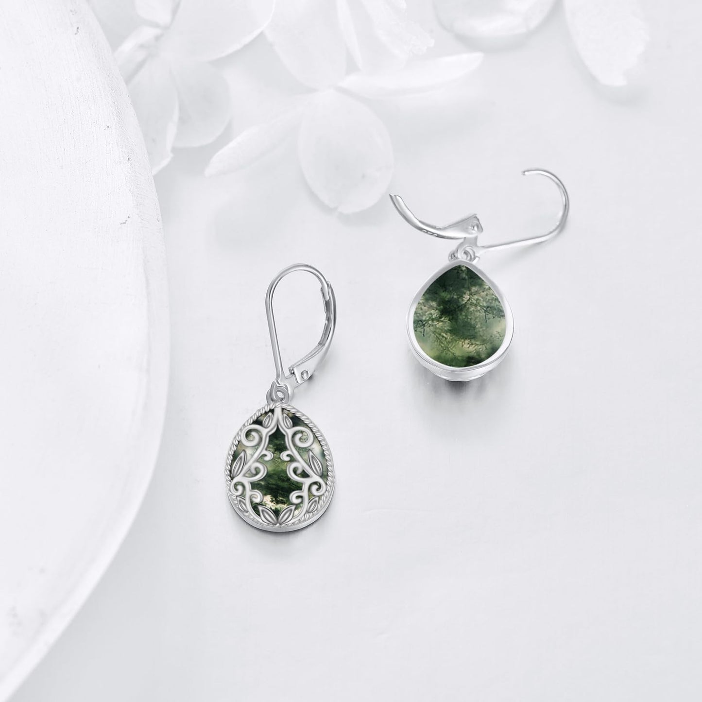 Moss Agate Earrings for Women 925 Sterling Silver Filigree Teardrop Dangle Leverback Earring Birthday Jewelry Gifts for Women