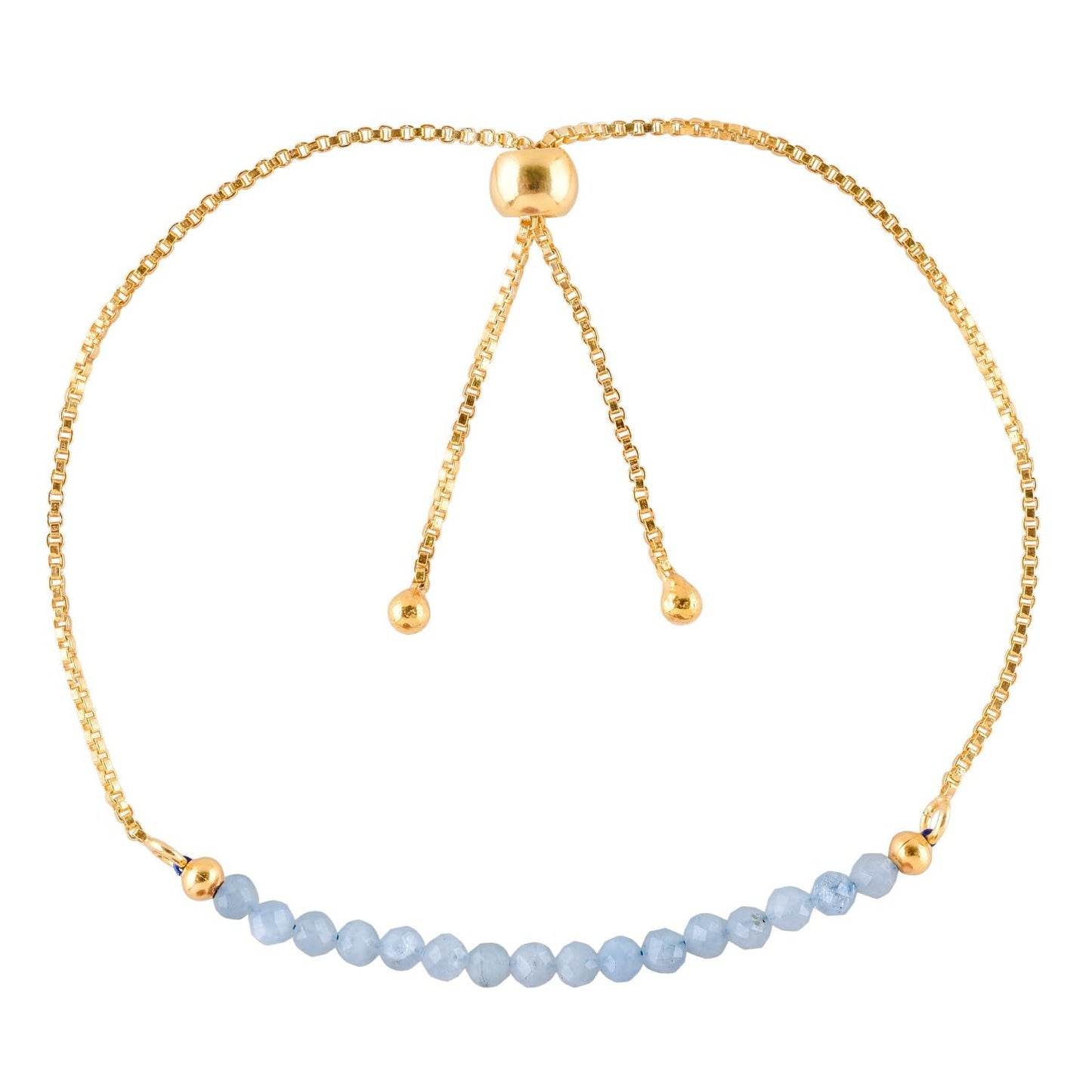 QNAVIC Natural Blue Aquamarine Gemstone Micro Beaded Dainty Slider Bolo Bracelet, Handmade Jewelry for women, Healing Chakra Crystals Birthstone Gift for Her, 14K Gold Plated Chain 6-9 inch