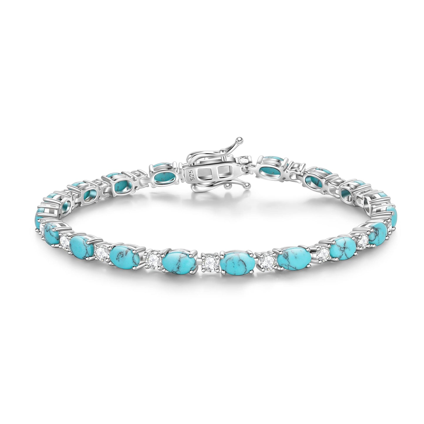 FANCIME Sterling Silver Created Turquoise Tennis Bracelet December Birthstone Oval Gemstone Dainty Fine Jewelry Birthday Day Gift for Women 7"