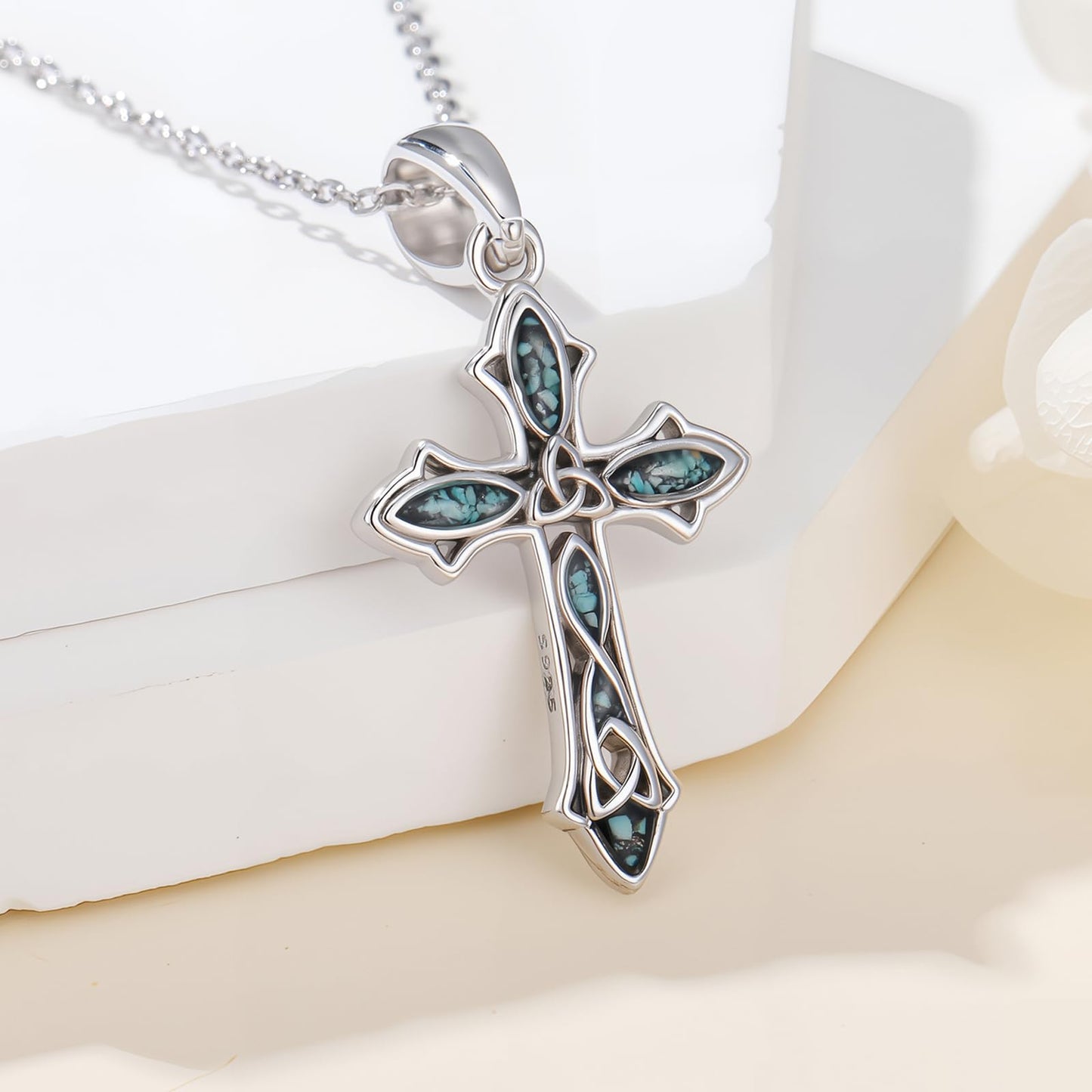 MOPOPOK Cross Necklace for Women S925 Sterling Silver Turquoise Cross Celtic Knot Pendant Necklace Protection Jewelry Gifts for Mom Wife Birthday Graduation Anniversary