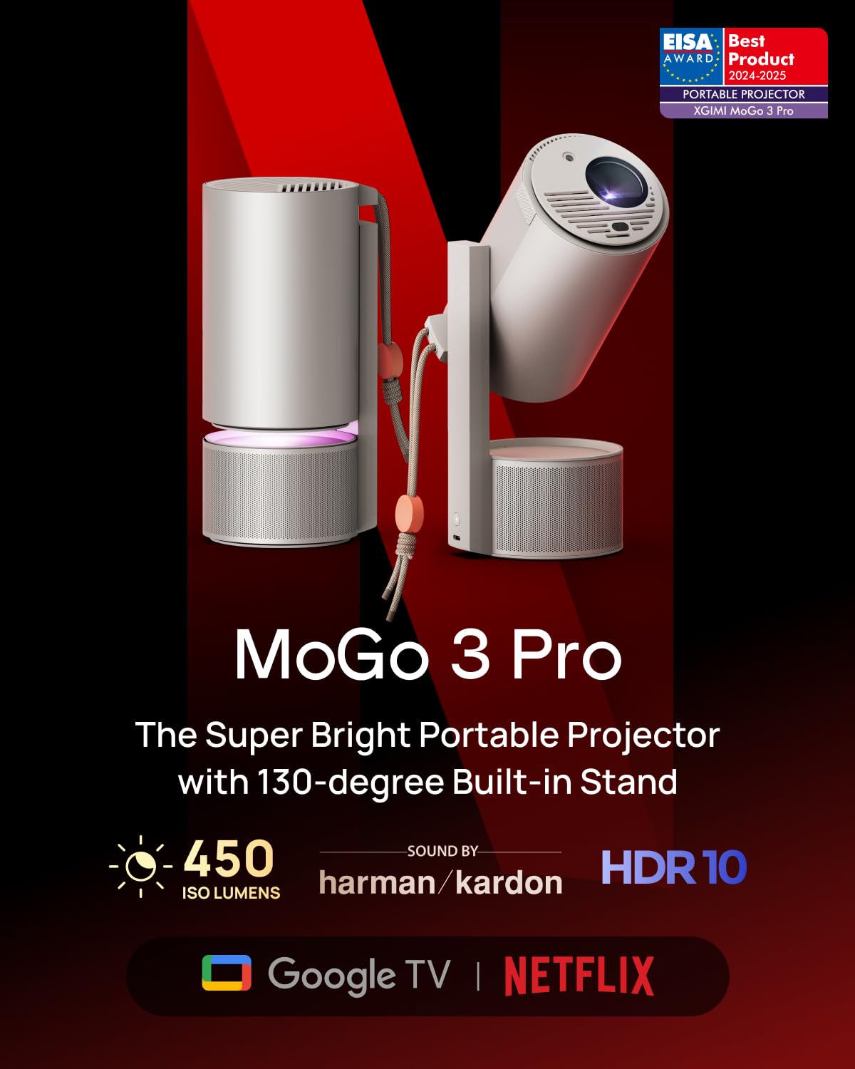 XGIMI MoGo 3 Pro NEW Portable Projector, Google TV with Licensed Netflix, Build-in Adjustable Stand, Mini Projector Supports Power Banks, 450 ISO Lumens, ISA 2.0, 2 x 5W Harman Kardon