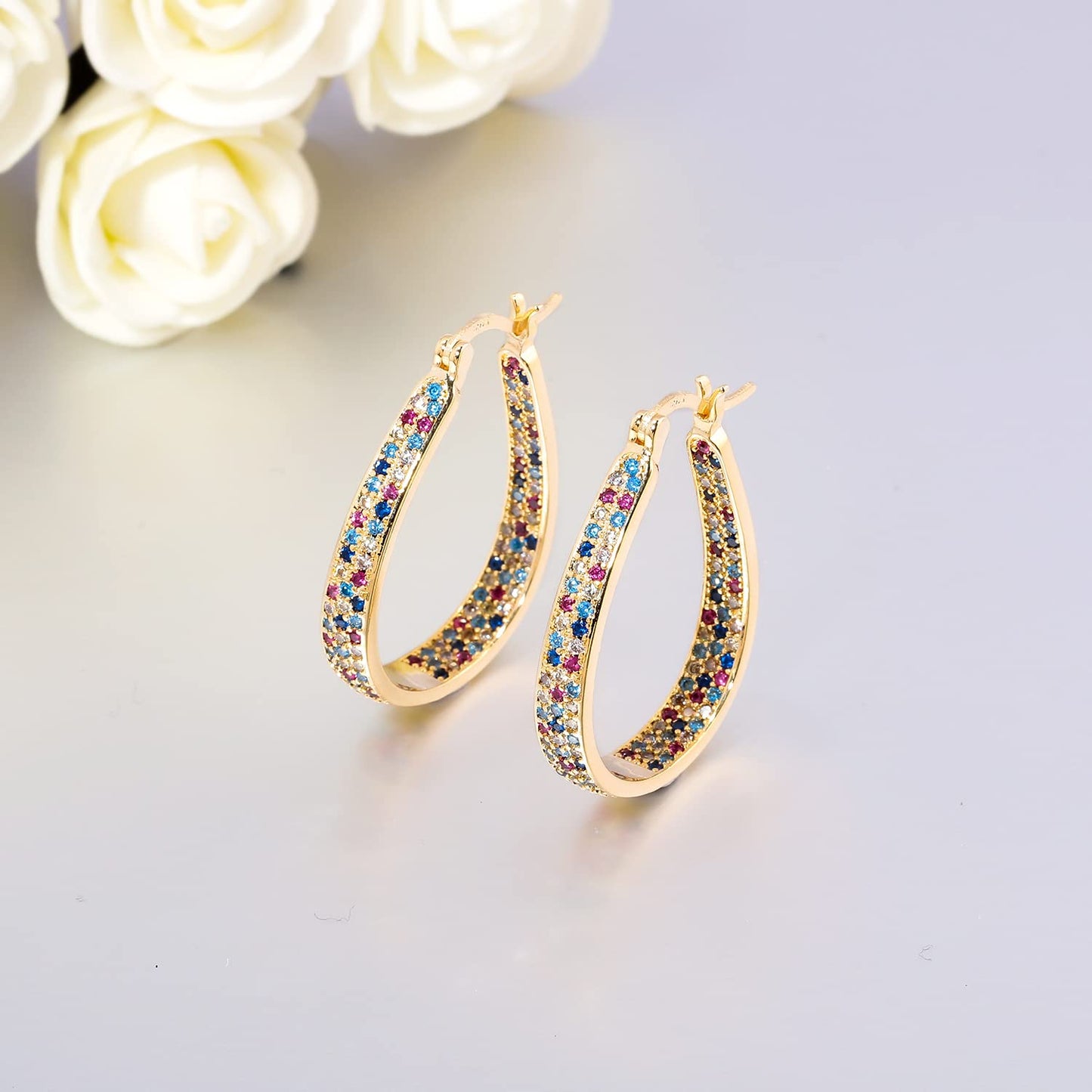 CiNily 925 Sterling Silver Post Hoop Earrings for Women Rainbow Cubic Zirconia Hoop Earrings 14K Gold Plated Oval Hoops Chunky Gemstone Earrings Jewelry
