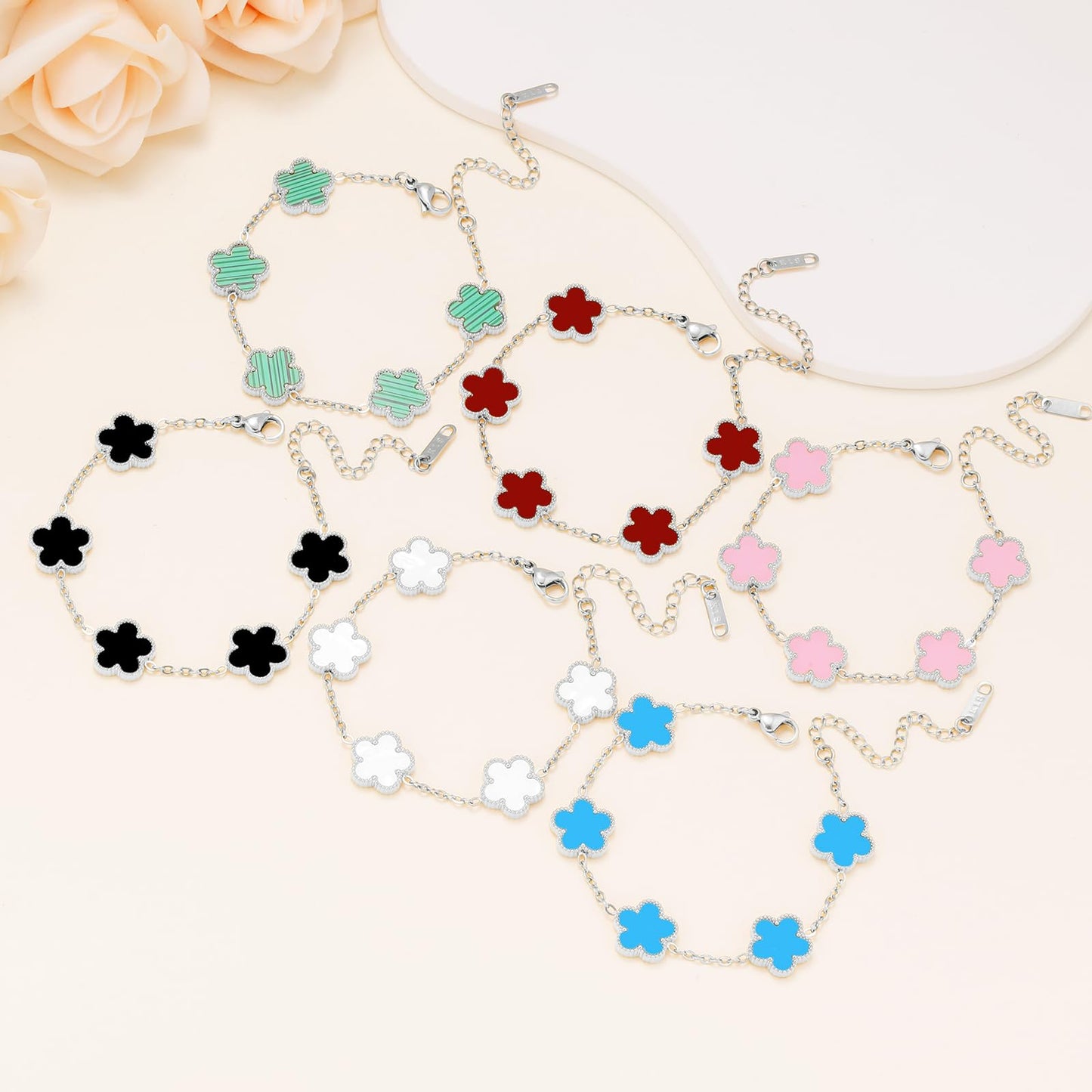 18K Gold Plated Womens Stackable Floral Bracelets Set,Twisted Cable Bangle,Trendy Jewelry,Waterproof adjustable bracelet,Christmas Birthday Gifts for Girlfriend or Mother. (11- 6Pcs Silver Floral B)