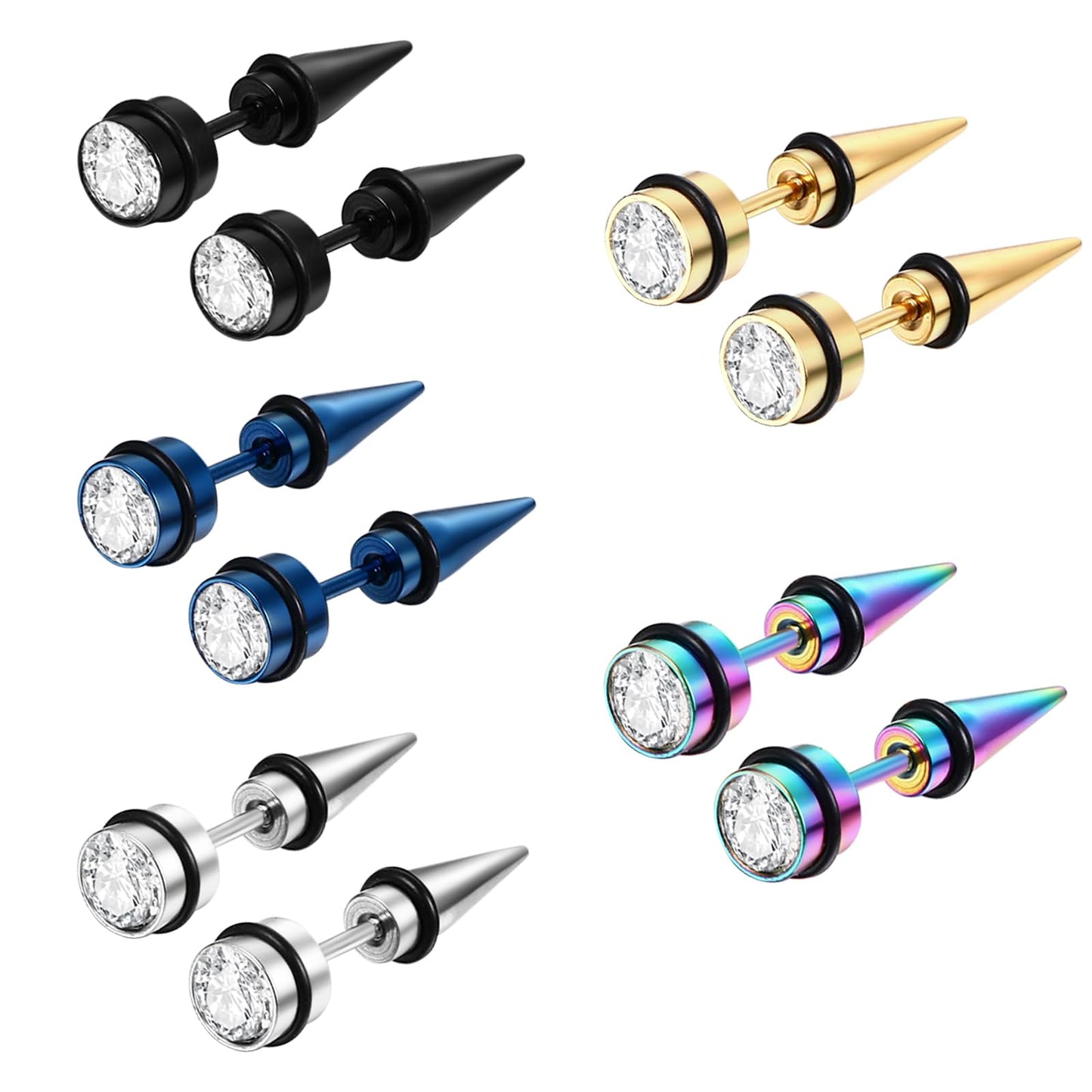 Aroncent 5PCS Spiked Stud Earrings for Men, Fake Gauge Fake Earrings Stainless Steel Spike Faux Taper Stud Earrings for Men Women Fashion Jewelry Piercing