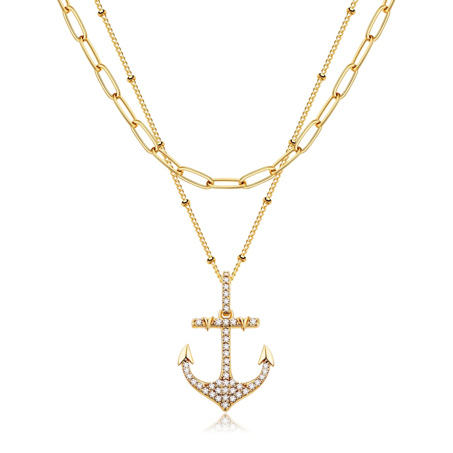 MEVECCO Gold Layered Choker Necklace for Women, 18K Gold Plated Dainty CZ Anchor Pendant Minimalist Paperclip Double Layer Necklace for Jewelry
