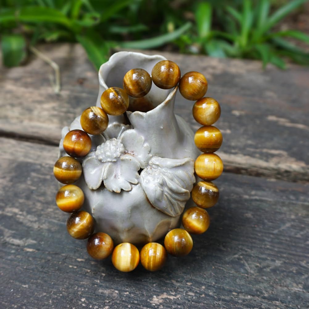 TaHLga Golden Tigers Eye Crystal Bracelet for Men Women 12mm |Natural Solar Plexus Chakra Stone | Bring Wealth & Protection | Fits for Large Wrist 8-8.5" | Come with Box & Pouch