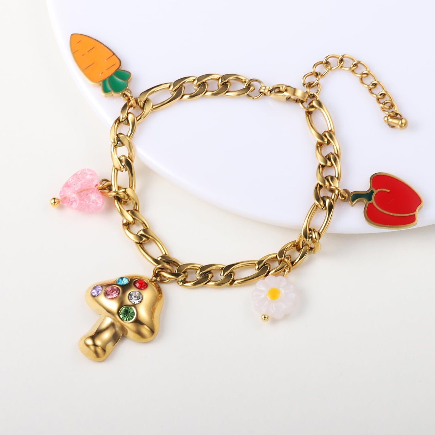 LCTrusttmor Gahna Mushroom Bracelets for Women, 18K Gold Plated Daisy Heart Carrot Red Bell Pepper Charms with Adjustable Chain Link for Women Jewelry Gifts