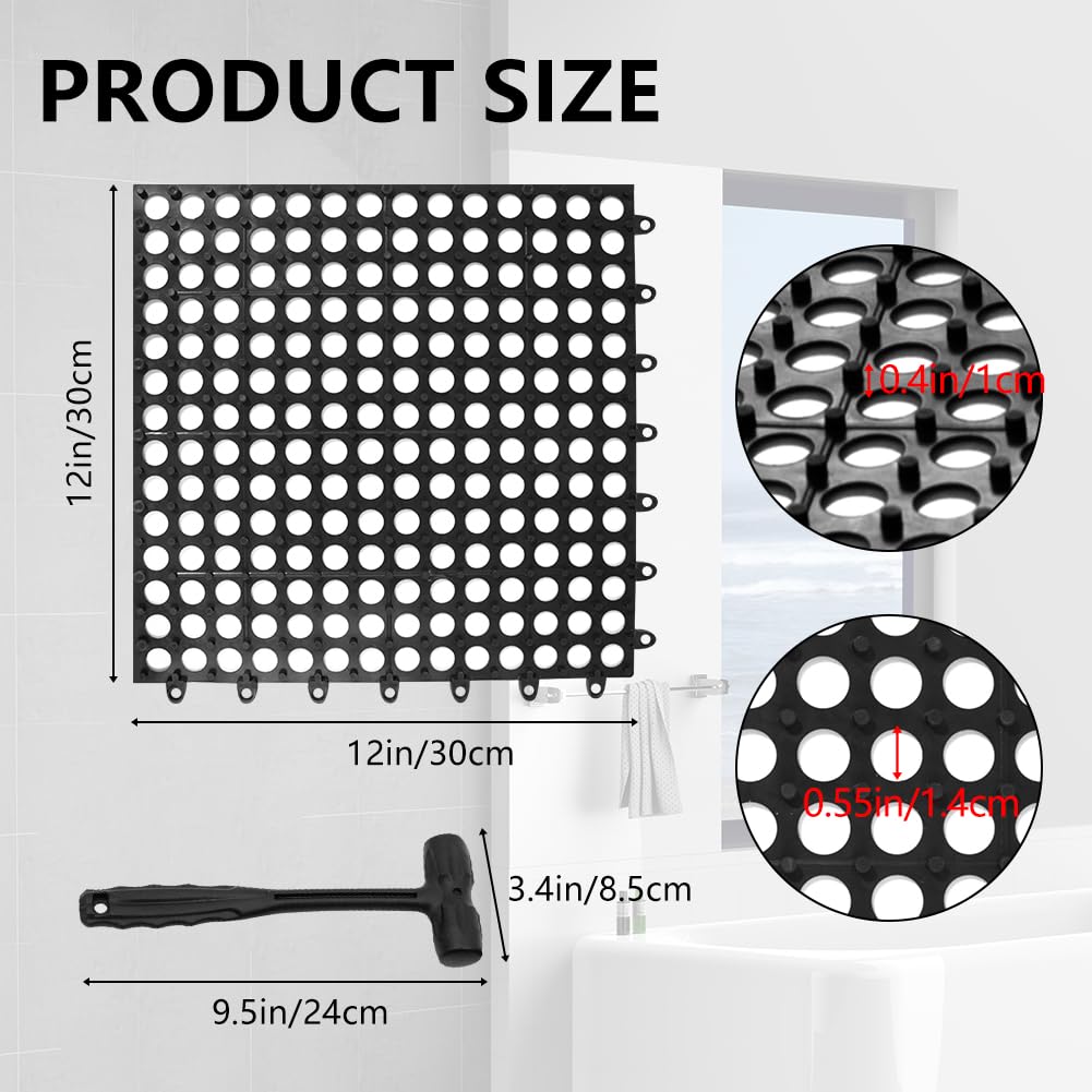 Interlocking Floor Tiles 12x12 Inch, 12 Pack Soft PVC Non-Slip Drainage Tiles with Holes for Bathroom, Pool Deck, Gym, Garage, Kitchen & Wet Areas, Easy Splicing Anti-Fatigue Mat, Black (12 Pack)