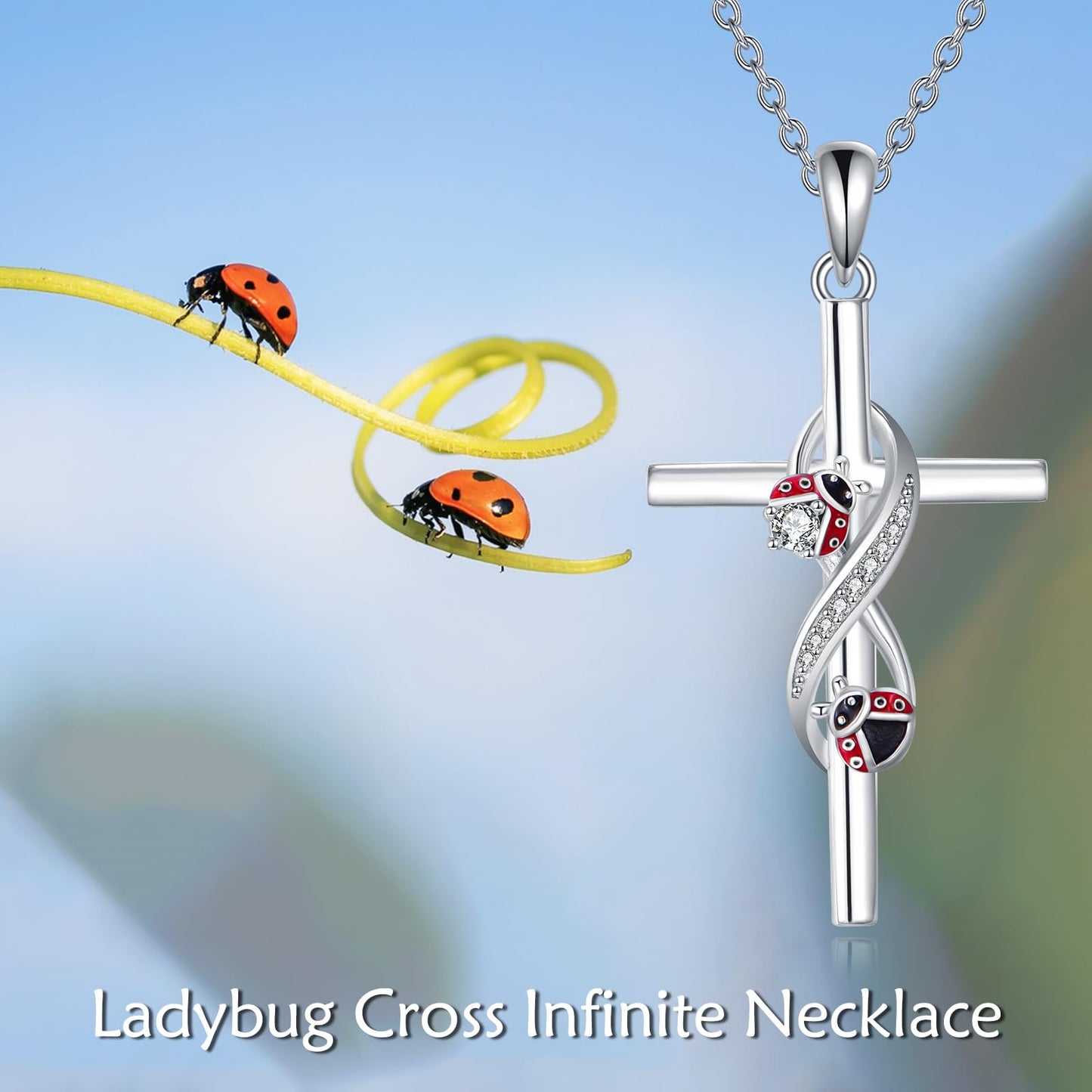 POPLYKE Cross Ladybug Necklace 925 Sterling Cross Pendant Necklace Ladybug Jewelry for Women