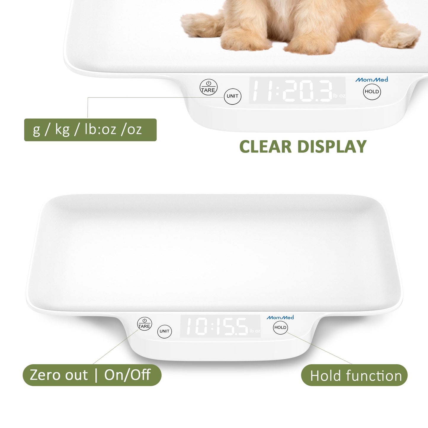 MomMed Portable Pet Scale with Hold & Tare Function, Precision Digital Scale for Newborn Puppy to 33lb