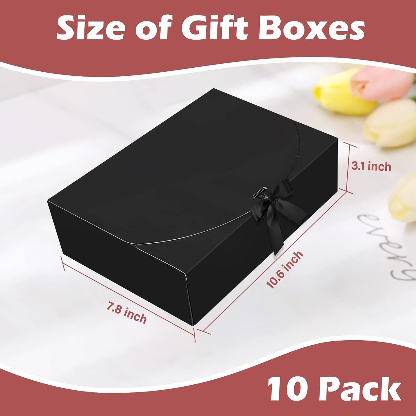 Treelement 10Pcs Black Gift Boxes with Lids,10.6×7.8×3.1 Inch Bridesmaid Proposal Boxes with Ribbons and Stickers for Wedding Gifting,Birthday,Party Favors，Baby Shower,Return Gifts