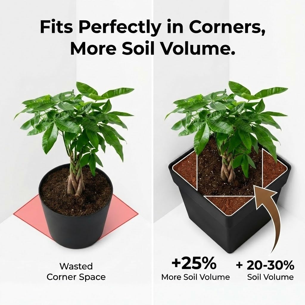 RooTrimmer 6-Pack 7" Square Planters with Built-in Drainage Tray – Heavy-Duty Black Plastic Planter with Drainage Hole and Bottom Stopper, BPA-Free Plant Pots Matte Finish for Indoor Outdoor