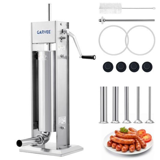 Garvee 7LB/3L Sausage Stuffer - 304 Stainless Steel Manual Sausage Maker with 2-Speed Gear & Torque Adjustment - Includes 5 Filling Tubes & Cleaning Kit for Home and Commercial Use