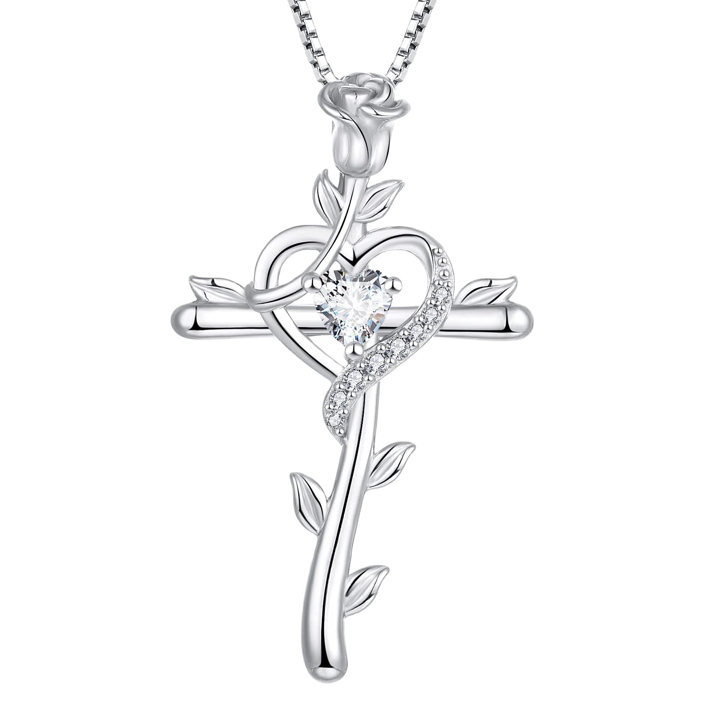 STARCHENIE Rose Cross Necklace 925 Sterling Silver Heart Crucifix Pendant Cubic Zirconia Jewelry for Women