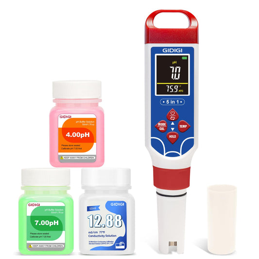 GIDIGI 5 in 1 Digital pH Meter TDS EC Temp. Salinity Tester, Update Color Screen Pool Salinity Meter with Calibration Kit, Hydroponic pH Reader with Reset Function for Aquarium Reef Tank Cooking water