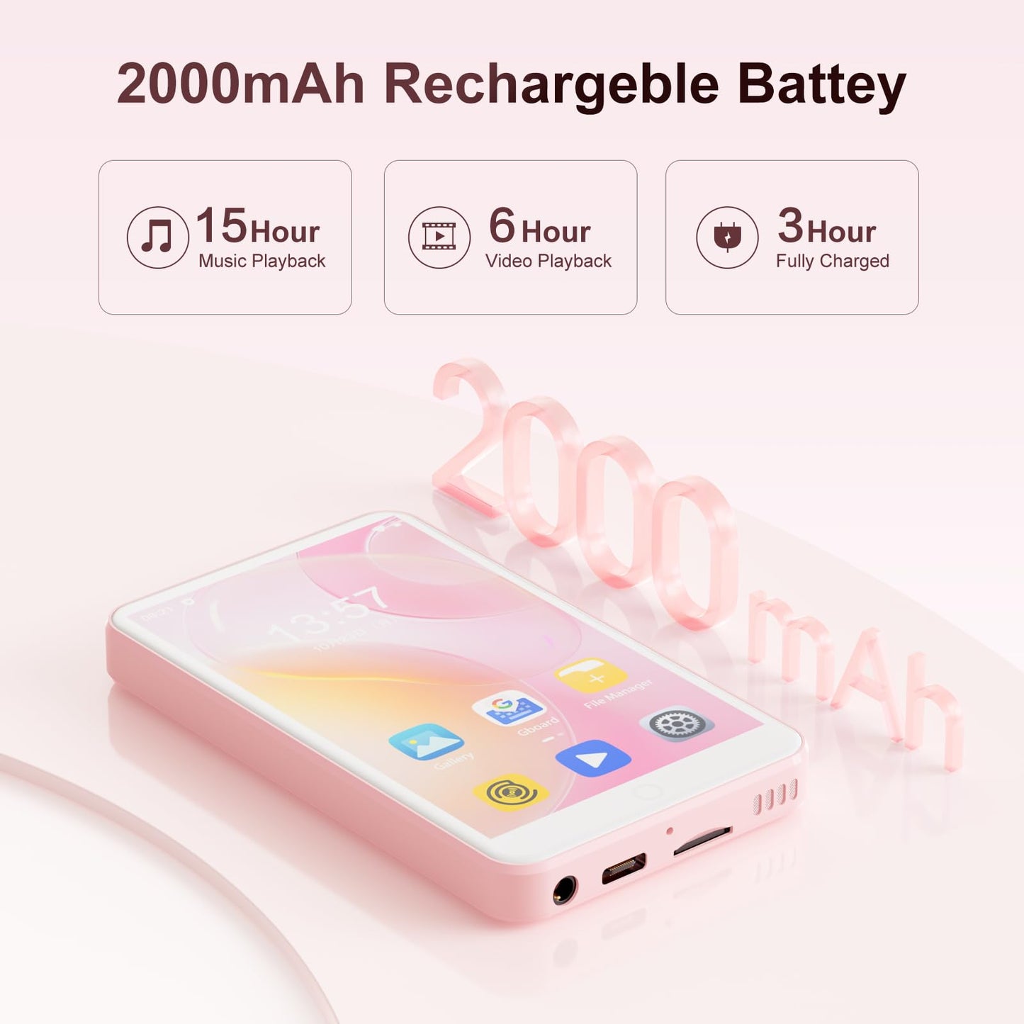 80GB MP3 Player with Bluetooth and WiFi, Mp3 & Mp4 Music Player with Spotify, Amazon Music, Deezer, Audible, Browser, 4.0" IPS Touch Screen Android Player with Speaker, FM Radio, Up to 512GB（Pink）