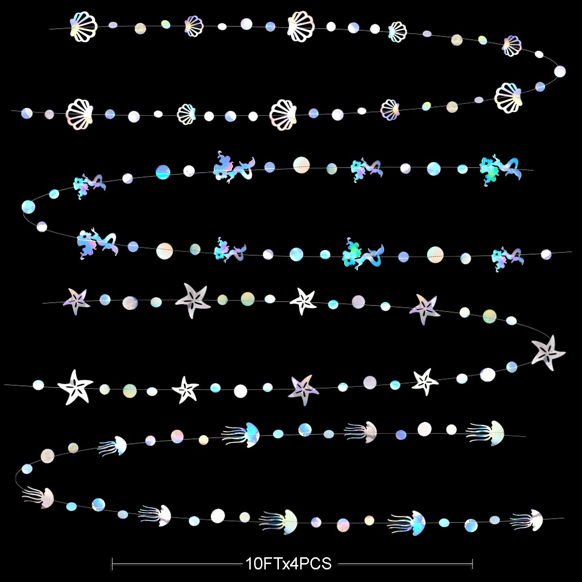 40 Ft Iridescent Mermaid Garland with Jellyfish Seashell Starfish Pearl Holographic Paper Streamer for Little Mermaid Rainbow Theme Birthday Bachelorette Baby Shower Under the Sea Party Decorations