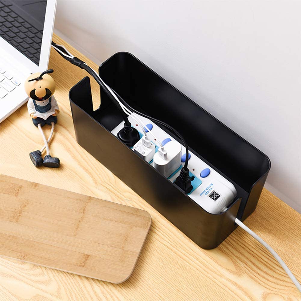 Cable Management Box, 2 Pack Bamboo Lid Large Storage Wires Organizer Holder for Home, Desk, TV, Computer, USB Hub - to Cover Hide Surge Protector Conceal Power Strips & Cords (Black)