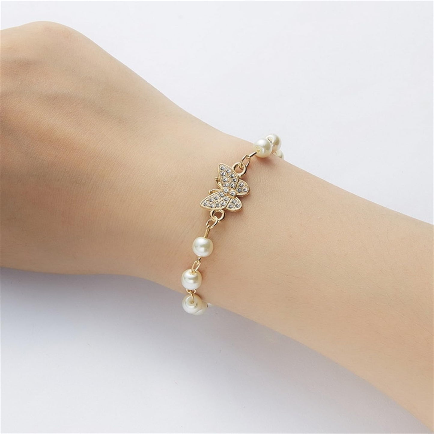 Dreuyet Pearl Beaded Bracelet for Women Trendy Cubic Zirconia Butterfly Starfish Cross Star Statement Bracelets Christmas Wedding Jewelry Gifts (butterfly)