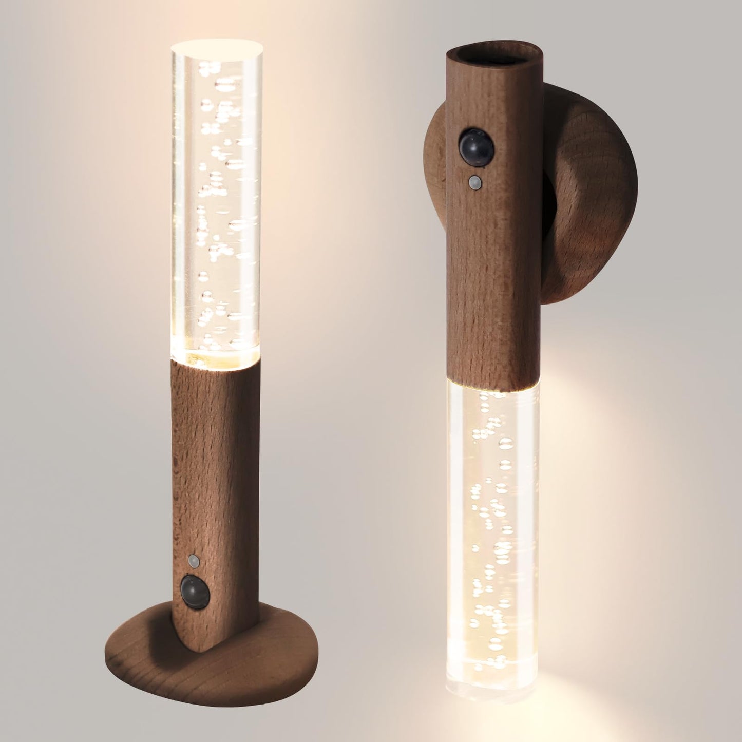 Motion Sensor Night Lights Indoor, Rechargeable Night Lights Wall Sconces Wooden Set of 2, Battery Powered Magnetic Wall Sconces Decor for Bedroom, Hallway, Bathroom, Stairway, Closet（Walnut Wood）