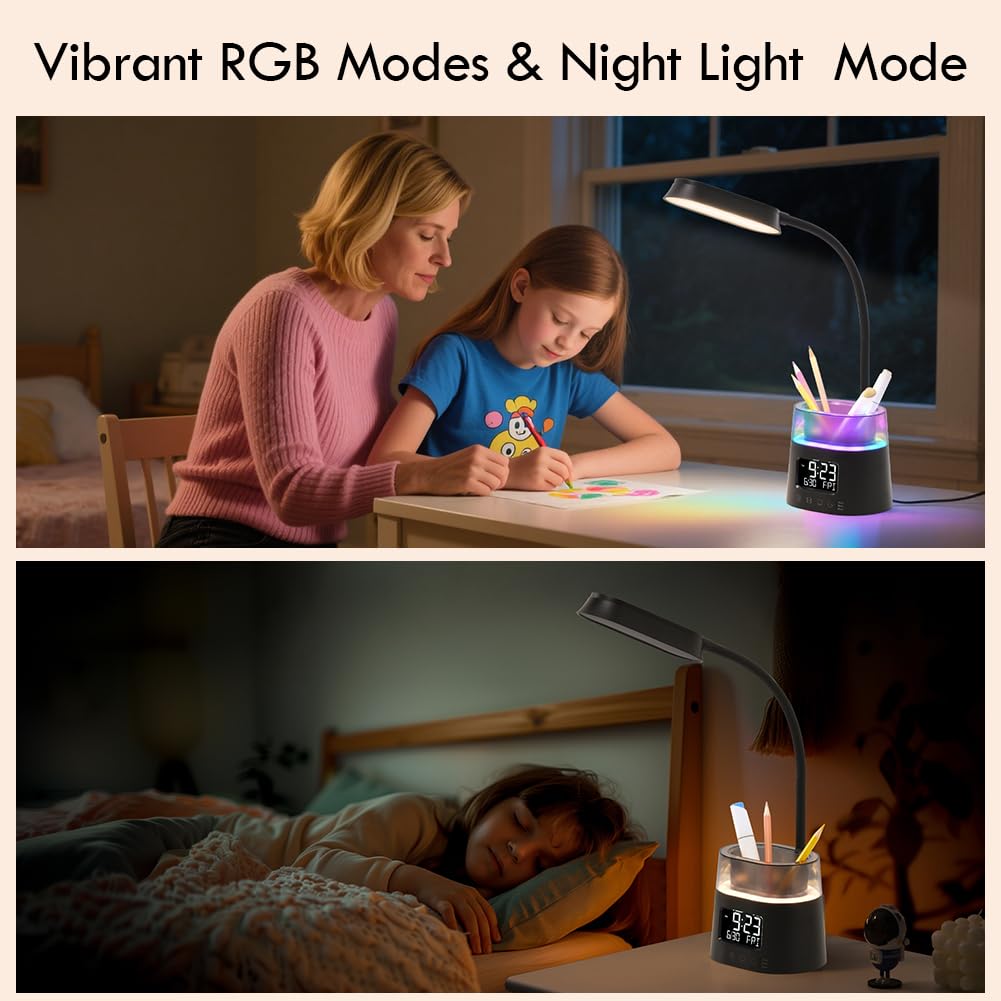 WILIT LED Kids Desk Lamp, Dimmable Study Lamp for Home Office Desk Accessories, with Pen Holder & Clock, USB Charging Port, RGB Night Light, Bedroom & College Dorm Room Essentials for Girls - Black