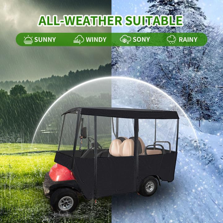 Tecoom Golf Cart Enclosure 2+2/4 Passenger, Golf Rain Cover 600D Waterproof Snowproof, 4 Door Zippers, 4-Side Clear Windows and 8 Windproof Hooks, Fit for EZGO, Yamaha, Club Car, Roof 82.7''L