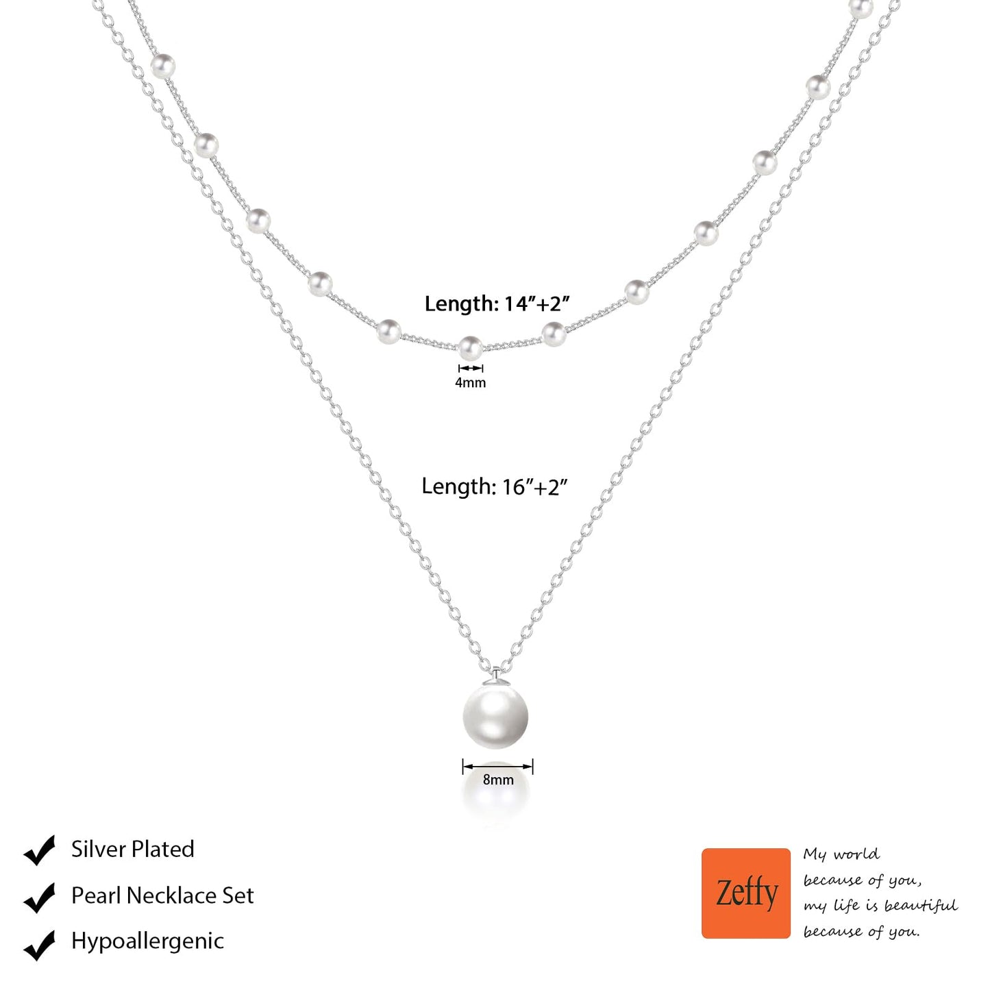 Zeffy Layered Silver Pearl Necklaces for Women Dainty Layered Tiny Single Pearl Choker Trendy Cute Silver Necklace Stack Wedding Jewelry Sets for Women Bridesmaid Gifts 2PCS