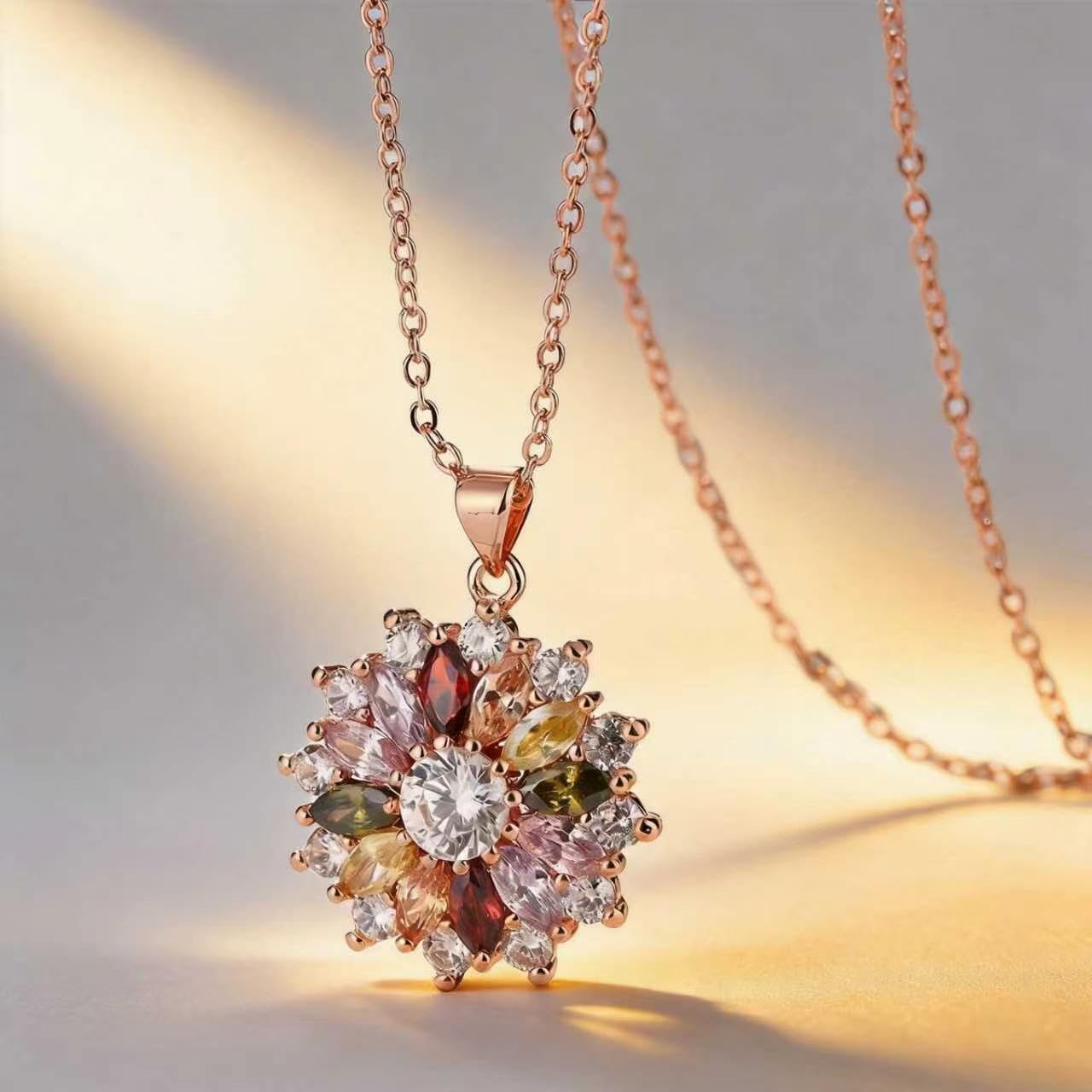 Kim Carrey Italian Elegant Rose Gold Necklace for Ladies | 18K Rose Gold Plated Necklace Pendant for Women | Gemstone necklace, Gift for Daughter, Wife, Mom, Her Jewelry (Seven-Color Flower)