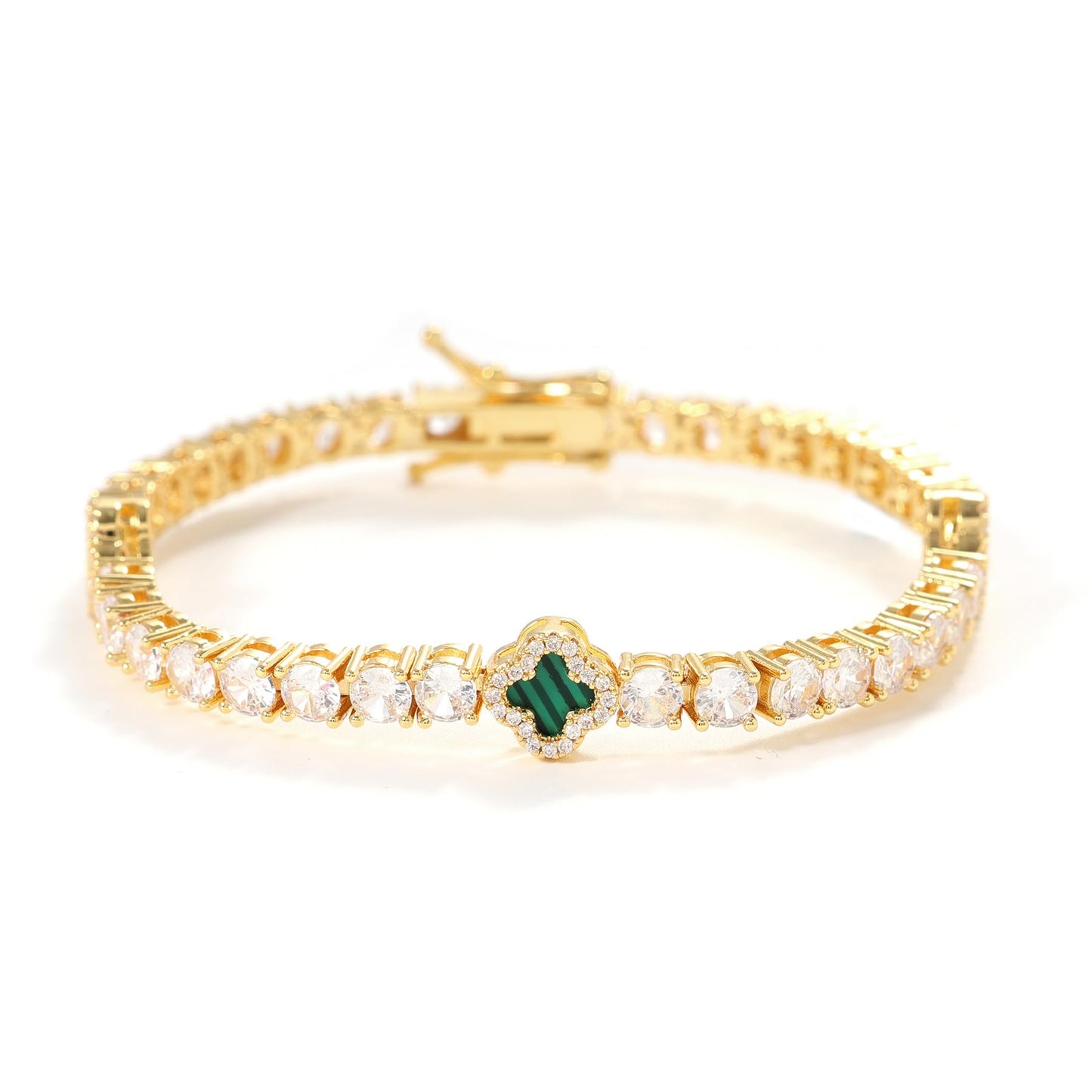 LuxeFlex 4mm Iced Out Clover Tennis Bracelet, White Gold Plated with 5A Zircon Stones, Handmade exquisite Hip Hop Jewelry, Perfect Unisex Gift (Gold-Green,7)