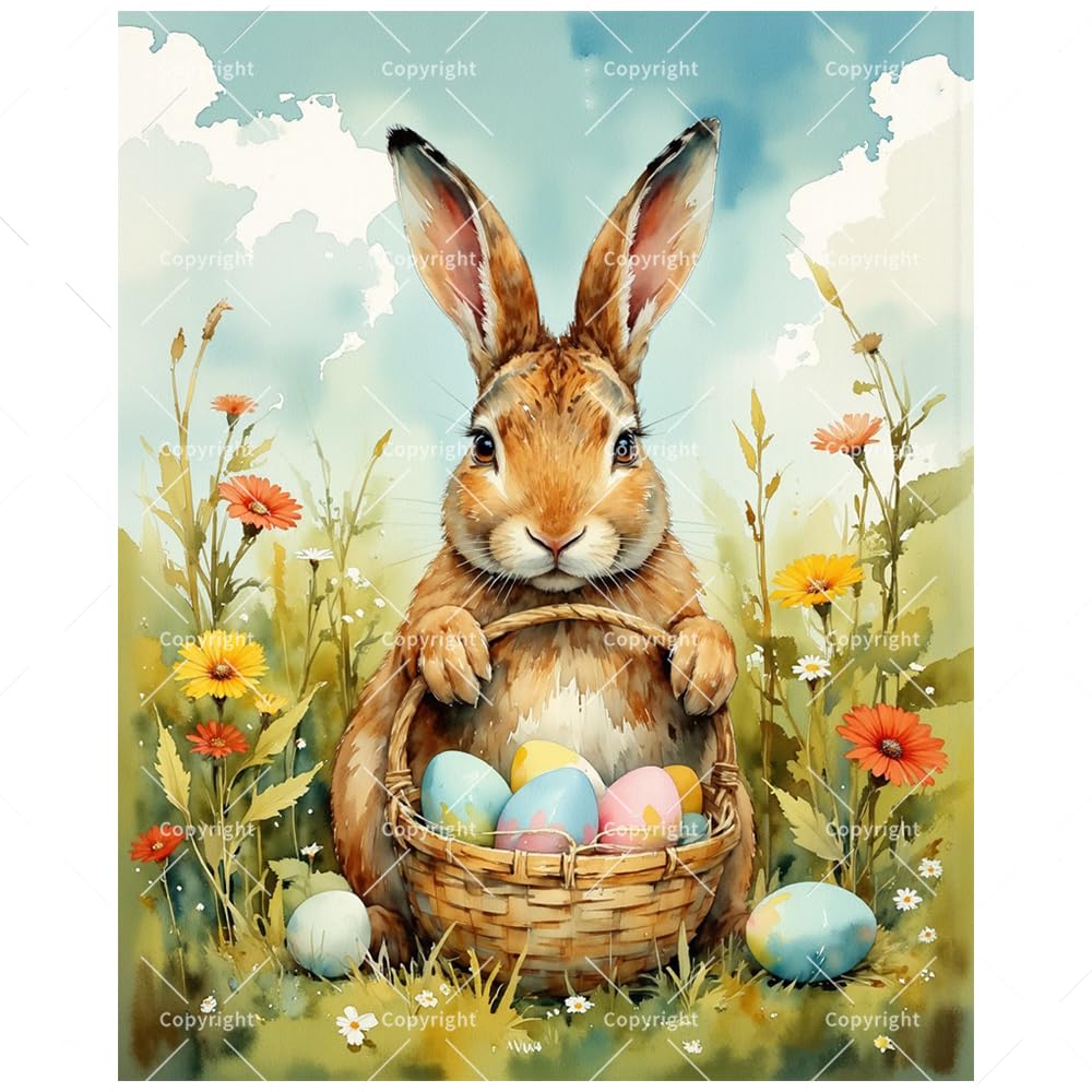 Easter Bunny Paint by Numbers Kit for Adults - DIY Rabbit Holding Egg Basket in Wildflower Field Painting on Canvas 16x20 Inches, Acrylic Paint Set for Beginners, Art for Home Decoration or Gifts