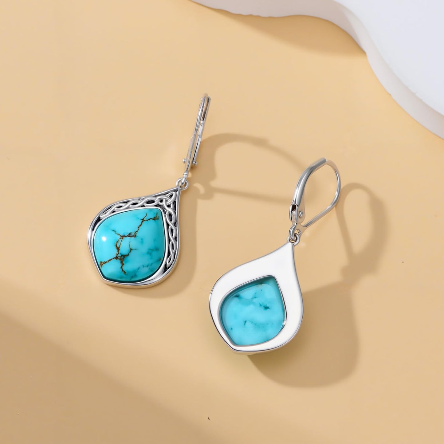 Eetaitai Natural Turquoise Earrings for Women 925 Sterling Silver Celtic Knot Teardrop Leverback Dangle Earrings Vintage Boho Earrings Native American Western Jewelry Mothers Day Gifts for Mom Wife Sister