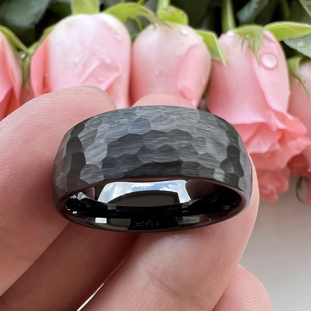 TUTISS 8mm Black Hammered Tungsten Rings for Men Women Fashion Engagement Wedding Bands Domed Matte Finish Comfort Fit Size 8